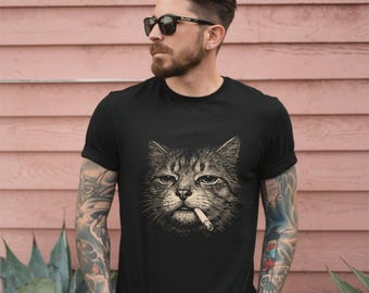 Smoking Cat Shirt, Edgy Grunge Graphic Tee, Funny Sketch Art, Retro Indie Streetwear