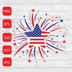 Könnte beinhalten: Ein rot-weiß-blauer Stern mit Feuerwerk, das hinter ihm herausbricht. Der Stern hat das Design der amerikanischen Flagge. Das Feuerwerk ist rot, weiß und blau. Der Text "Freedom", "Family", "Firework", "Party" und "4th of July" ist um den Stern und das Feuerwerk herum geschrieben.
