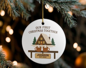 Personalized First Christmas Together Ornament: Rustic Cabin Ceramic Keepsake