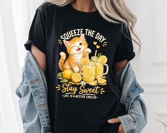 Squeeze The Day Cat Lemonade Graphic Tee Unisex Heavy Cotton Shirt