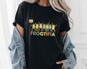 Frogtifia, zabawny protest żab, aktywista vintage, grafika z humorem politycznym w stylu retro
