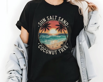 Retro Beach Sunset Tee: Sun Salt Sand Coconut Tree - Summer 2025