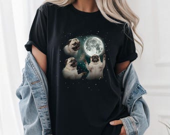 Camiseta divertida con meme de Pug: Tres Pugs aullando a la luna