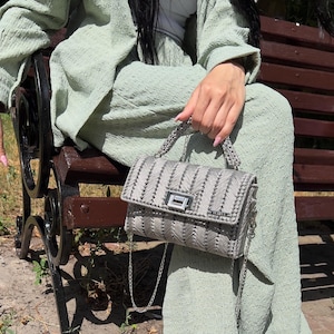 Silver Canvas Mini Bag for Women, Statement Crossbody Purse with Chain, Elegant Evening Accessory, Modern Small Bag, Gift for Her