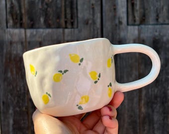 Handmade Lemon Ceramic Mug and Saucer Set | Pottery Coffee Cup | Mediterranean Kitchen Decor | Gift for Coffee Lover