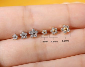 Titanium 5-Petal Flower CZ Threaded Top, Silver & Gold Inner Thread Helix Conch Tragus Lip Piercing Stud, 16G 18G  Cartilage Labret Piercing