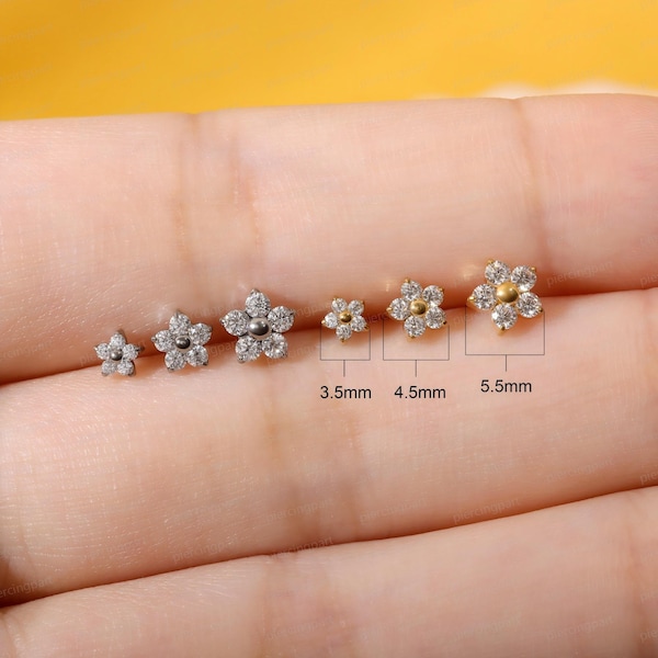 Titanium 5-Petal Flower CZ Threaded Top, Silver & Gold Inner Thread Helix Conch Tragus Lip Piercing Stud, 16G 18G  Cartilage Labret Piercing