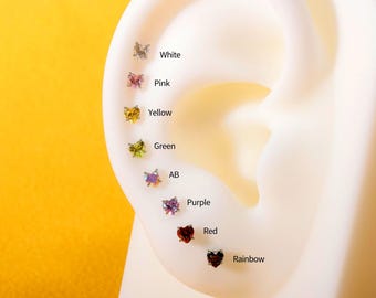 Titanium Push Pin Top with Heart 5A Cubic Zirconia in 3/4/5mm| Fits 16G/18G/20G Threadless Base| helix tragus conch nose lip flat back stud