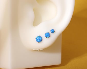 16G/18G/20G Titanium Threadless Blue Opal Stud Earring, Helix Earring Conch Stud Tragus Piercing Jewelry, 5mm/6mm/8mm/10mm Push-in Flat Back