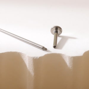 May include: A close-up of a silver barbell piercing with a flat, round top. The barbell is separated from its post, which is also silver.