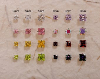 Titanium Push Pin Top with Square 5A Cubic Zirconia in 3/4/5mm| Fits 16G/18G/20G Threadless Base| helix tragus conch nose lip flat back stud