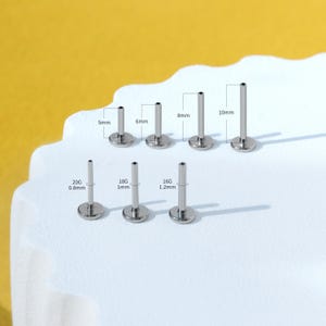 May include: A set of 9 silver barbell studs in various sizes, ranging from 5mm to 10mm in length. The studs are labeled with their corresponding gauge and diameter, such as 20G 0.8mm, 18G 1mm, and 16G 1.2mm.