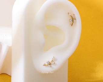 16G 18G Titanium CZ Branch Stud Earring – Silver & Gold Internally Threaded Helix, Conch, Tragus Piercing Jewelry – Multiple Bar Lengths