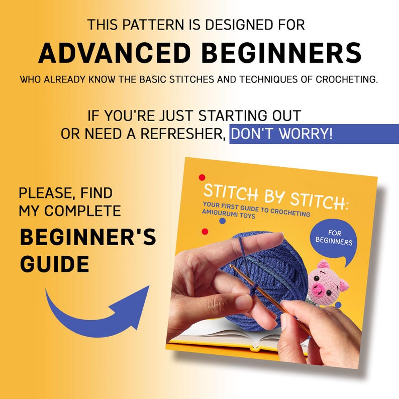 May include: A book cover with a hand holding a crochet hook and yarn. The book title is "Stitch by Stitch: Your First Guide to Crocheting Amigurumi Toys" and the subtitle is "For Beginners".