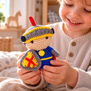Puede incluir: Un pequeño muñeco caballero de ganchillo con cara beige, casco gris con borde amarillo y penacho rojo, túnica azul con emblema circular amarillo y un escudo gris decorado con borde amarillo y una cruz roja.