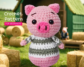 DIY Pink Amigurumi Crochet Pig Plushie Pattern, Easy Stuffed Crochet Farm Animals Tutorial for Beginners, English Digital Pattern PDF