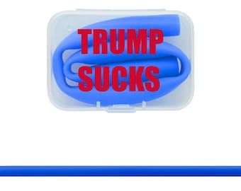 Reusable Silicon Straw W/Container Printed Trump Sucks - Blue