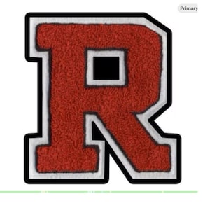 May include: A red letter "R" patch with a white border and a black outline. The letter has a textured, fuzzy appearance. The patch is likely for a jacket or other apparel.