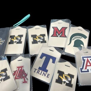 Customized college leather luggage tag. Perfect to send them off! Name, Initials, Anything