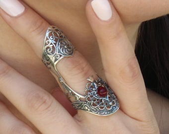 Sterling Silver Garnet Pomegranate Full Finger Double Ring, Gift For Her Jewelry, Adjustable Middle Finger Ring, Handmaid In Armenia