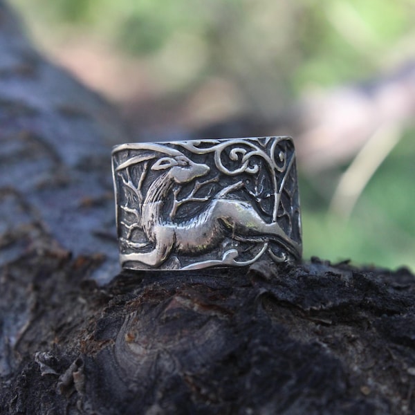 Deer Animal Wide Adjustable Sterling Silver Ring, Nature Handmade Thumb Ring, Statement Ring Gift For Her Armenian Jewelry
