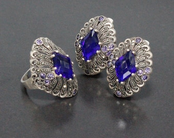 Ring en oorbellen met blauwe saffier en marcasiet, sterling zilveren sieradenset, handgemaakt in Armenië.