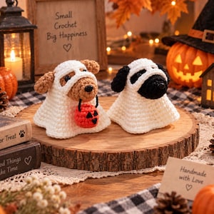Crochet Ghost Dog with Pumpkin Basket, Halloween Decor – Cute Halloween Amigurumi Plush, Handmade Dog Lover Gift, Trick or Treat Home Decor