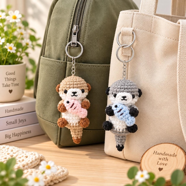 Crochet Otter Plushie with Fish – Handmade Amigurumi Otter Keychain, Cute Sea Animal Gift, Otter Couple Toy Charm, Crochet Keychain, Gift