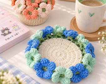 Crochet Coaster, Crochet Flower Coaster, Handmade Round Flower Cup Holder, Housewarming Coaster Decor, Cute Gift, Floral Gift for Her