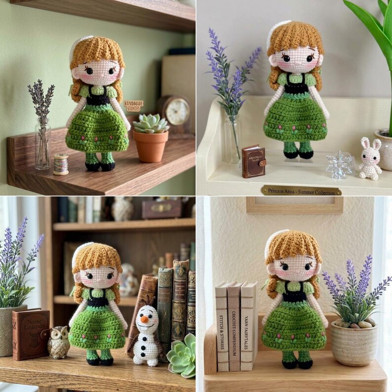 Peut inclure: Poup&eacute;e au crochet faite &agrave; la main, avec une robe verte, un corsage noir et des cheveux auburn. La poup&eacute;e a un bandeau blanc et des chaussures noires. L'image est un collage de quatre photos de la poup&eacute;e.