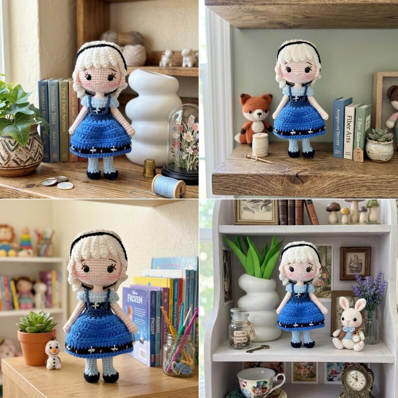 Peut inclure: Une poup&eacute;e au crochet faite &agrave; la main avec des cheveux blancs, un bandeau noir et une robe bleue. La poup&eacute;e porte des chaussures noires et est pos&eacute;e sur une &eacute;tag&egrave;re en bois. Un article charmant et artisanal.