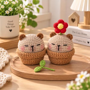 May include: Two round, beige crocheted bear figures with brown ears, pink cheeks, and closed eyes, each nestled in a brown crocheted pot. One bear features a red flower with a yellow center on its head, and a small green crocheted leaf lies nearby.
