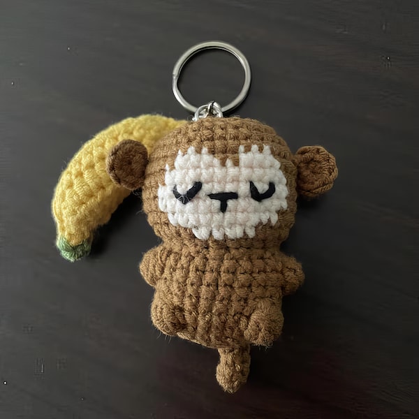 Llavero de mono de ganchillo con plátano, llavero de mono bebé de ganchillo, mono amigurumi, mono de ganchillo, regalos lindos de mono, llavero de ganchillo