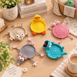 Posavasos de ganchillo con ardilla y lagarto – Tapete para taza con diseño de animales – Tapete para taza con temática del bosque hecho a mano – Scratch de La Era de Hielo, la ardilla dientes de sable