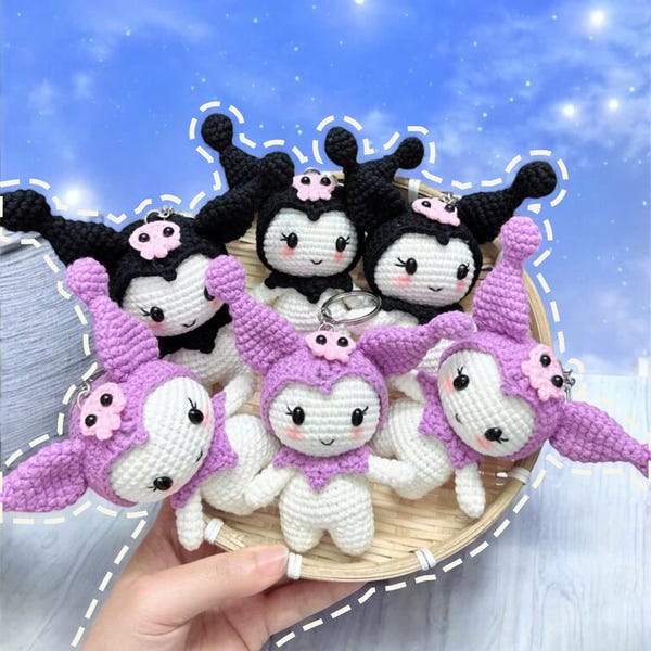 Peluche de Kuromi tejido a mano a crochet, Kuromi amigurumi, muñeca de Kuromi tejida a crochet, llavero de peluche de Kuromi, colgante kawaii de Sanrio para bolso, regalo para ella