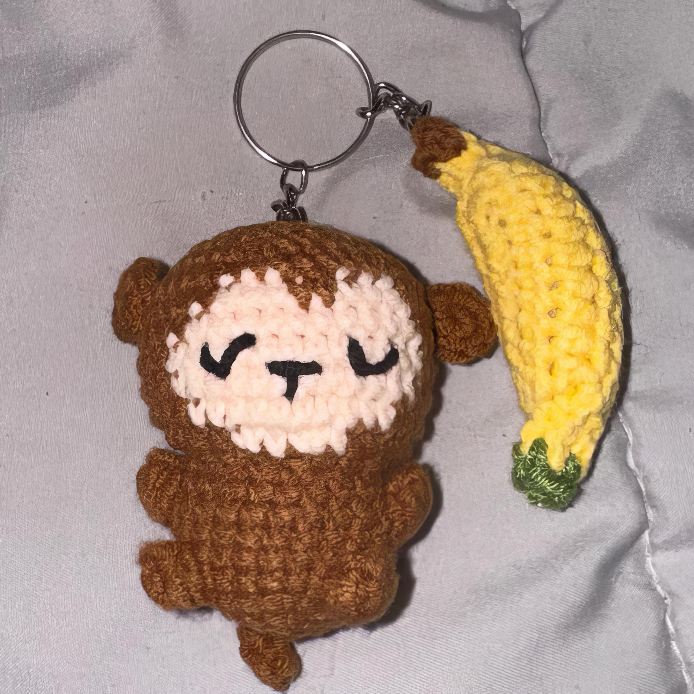 かぎ針編みのバナナ付きサルのキーホルダー、かぎ針編みのベビーサルの