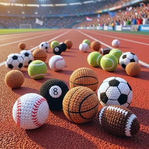 May include: A collection of handmade crochet sports balls, including a baseball, basketballs, soccer balls, a football, a tennis ball, and a black 8-ball. The balls are arranged on a red track, with a stadium and spectators in the background.