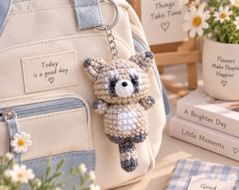 Crochet Raccoon Plushie: Handmade Amigurumi Woodland Keychain Gift