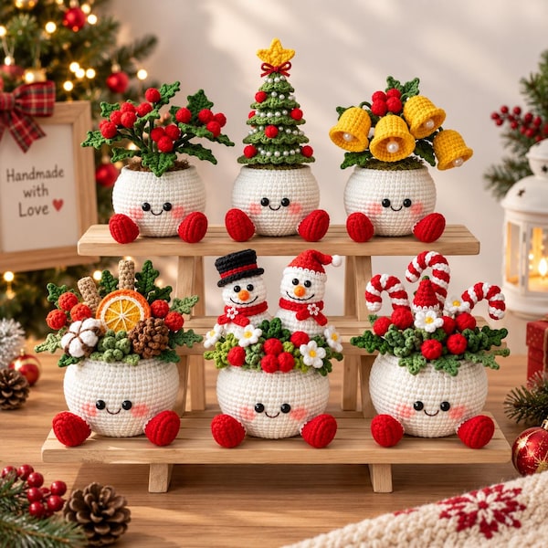 Maceta navideña de ganchillo, decoración navideña hecha a mano, maceta con forma de árbol de Navidad, muñeco de nieve, campanas y bayas, bonito regalo de invierno para el hogar.
