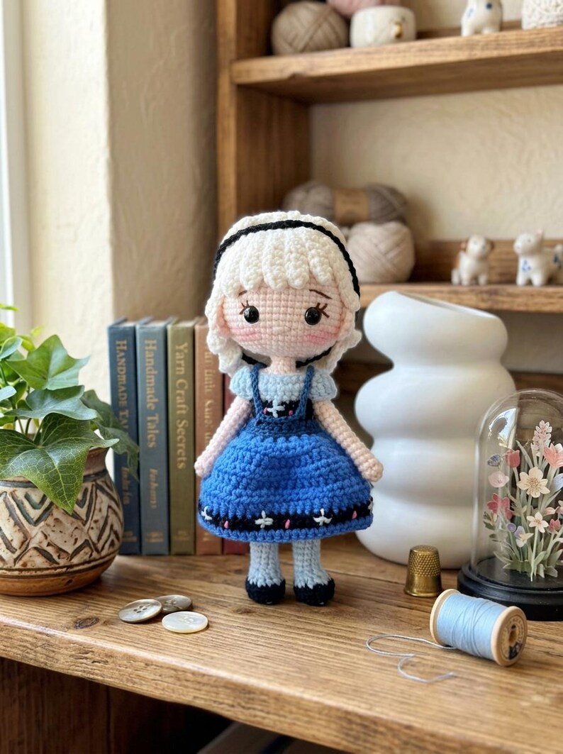 Peut inclure: Une poup&eacute;e au crochet faite &agrave; la main, v&ecirc;tue d'une robe bleue, de cheveux blancs et d'un bandeau noir. La poup&eacute;e a une expression douce et se tient sur une surface en bois. Un bel exemple d'artisanat.