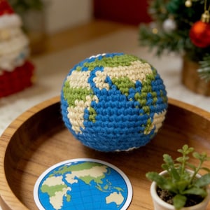 Può includere: Un globo terrestre all'uncinetto fatto a mano, blu, verde e beige, posto su un vassoio di legno con un adesivo della mappa del mondo e una piccola pianta in vaso. Il globo mostra continenti e oceani.
