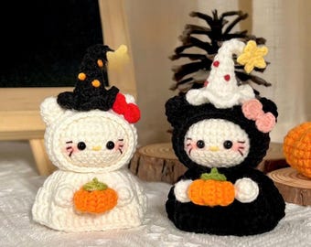 Crochet Kitty Halloween Pumpkin Keychain: Kawaii Amigurumi Plush