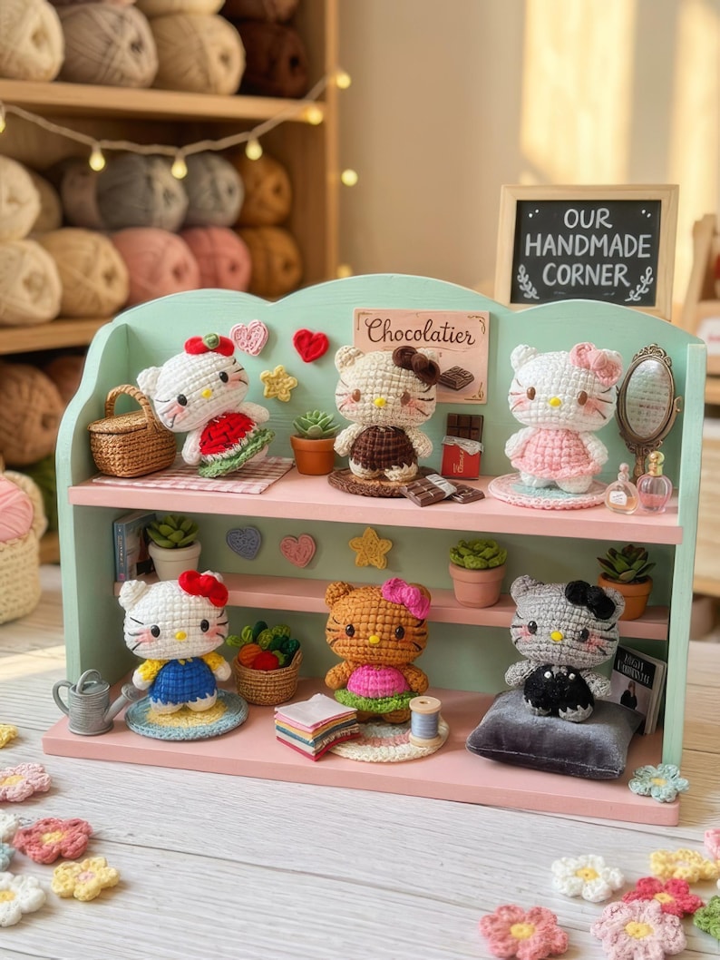 Peut inclure: Une &eacute;tag&egrave;re d'exposition avec plusieurs figurines Hello Kitty crochet&eacute;es, chacune avec des tenues et des accessoires uniques. L'&eacute;tag&egrave;re est peinte dans des couleurs pastel et comprend des plantes miniatures, un miroir et une enseigne indiquant "Our Handmade Corner."