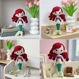 Peut inclure: Poup&eacute;e sir&egrave;ne au crochet avec des cheveux roux, un haut violet et une queue verte. La poup&eacute;e a une expression douce et est pr&eacute;sent&eacute;e dans plusieurs d&eacute;cors avec des &eacute;l&eacute;ments d&eacute;coratifs comme des fleurs et des livres. Un charmant article fait main.