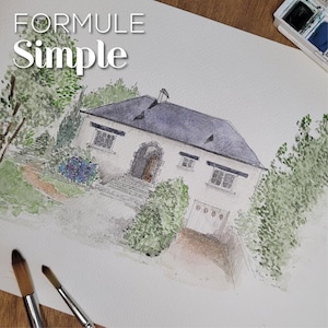 Portret van een op maat gemaakt huis, aquarel van een gezinswoning, originele handgemaakte illustratie, op maat gemaakte architectonische tekening