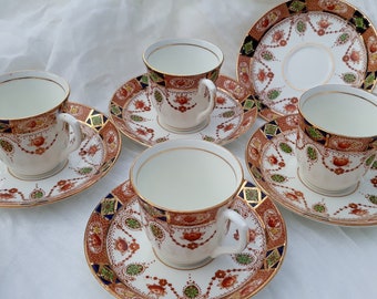 Vintage Colclough 1940s Bone China England 4 Demitasse Cups and Saucers #3775 Hand Painted Gold Blue Pink Red Rose Bridal Wedding Valentines