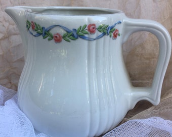 Vintage Hall Quality Kitchenware,China Pitcher,Blue Ribbon and Pink Roses,1950s,Water Beverage,White China,Serving,Tableware,Crazeproof