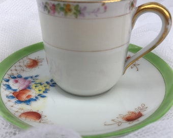 Vintage Noritake and M. B.Demitasse Cup and Saucer,1916,1945,Hand Painted,The Linwood,Occupied Japan,White Green Blue Yellow,Floral