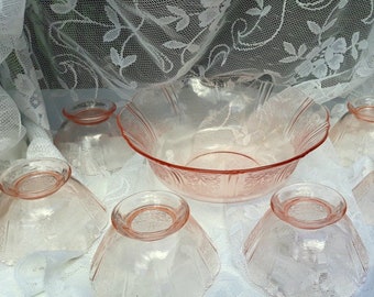 Antique McBeth Evans American Sweetheart Pink Berry Desert Serving Bowl and 6 Individual Serving Bowls 1930s Floral Bridal Wedding