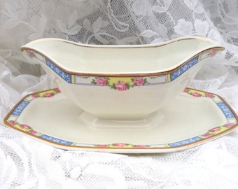 Antique W.H. Grindley Co. Gravy Boat Attached Saucer 1914 Registered England "The Excelsior" Pink Roses Blue Designs Bridal Wedding Easter